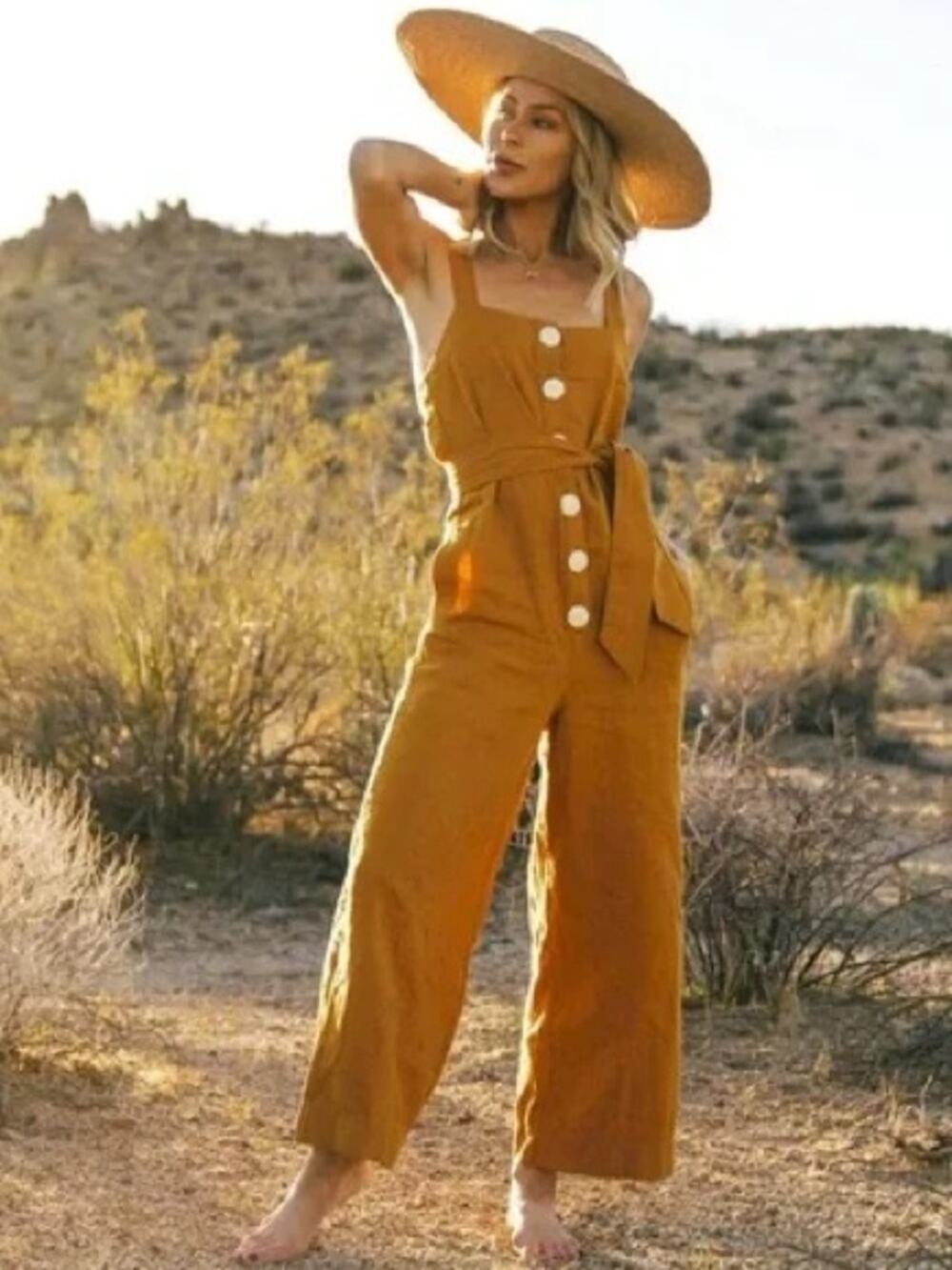 Splendid x Mary Lawless Lee Marigold Button Wide Leg Linen Jumpsuit Size XL NWT